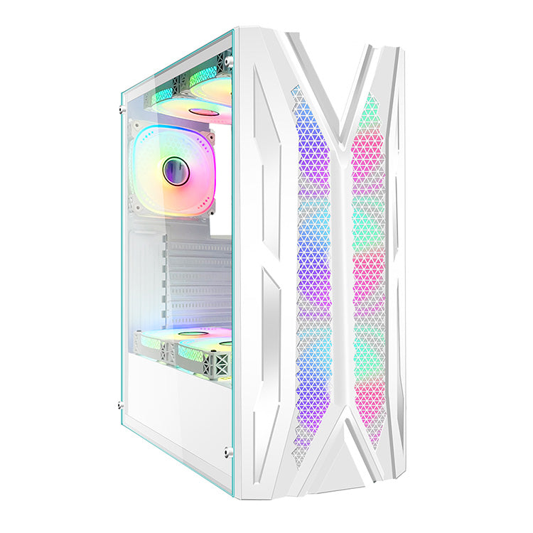 SZSKYING New ATX Gaming Case with Side Glass Panel Supports 3.0 USB Mesh Front &amp; Audio Ports New Design Vertical PC Case White